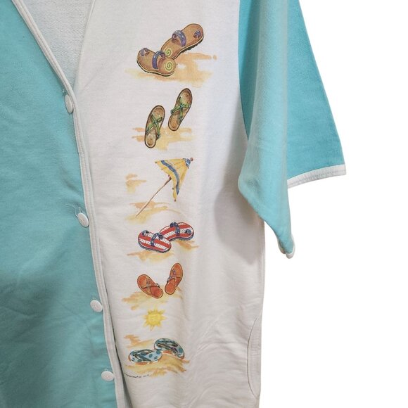 Vintage Kittens Button-Front Housecoat With Beach Sandals Print In White & Teal - Picture 2 of 5